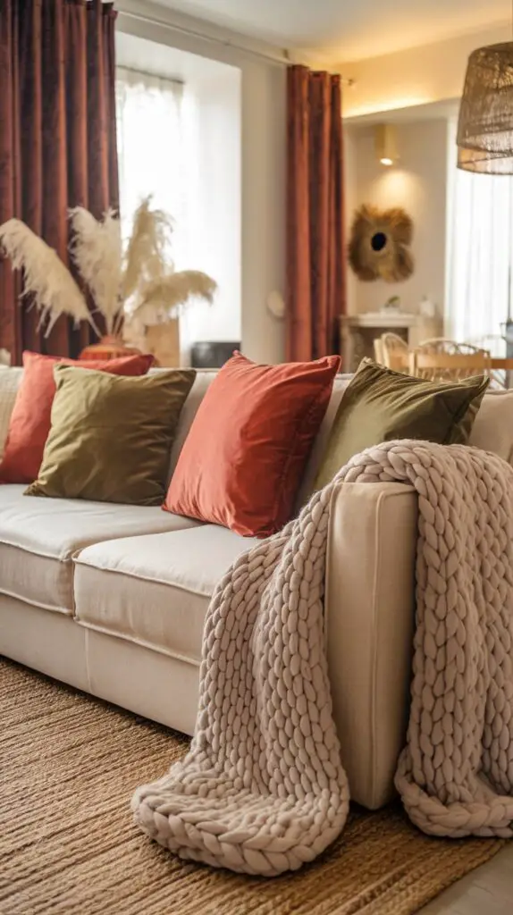 Layer throw blankets and pillows in earthy tones