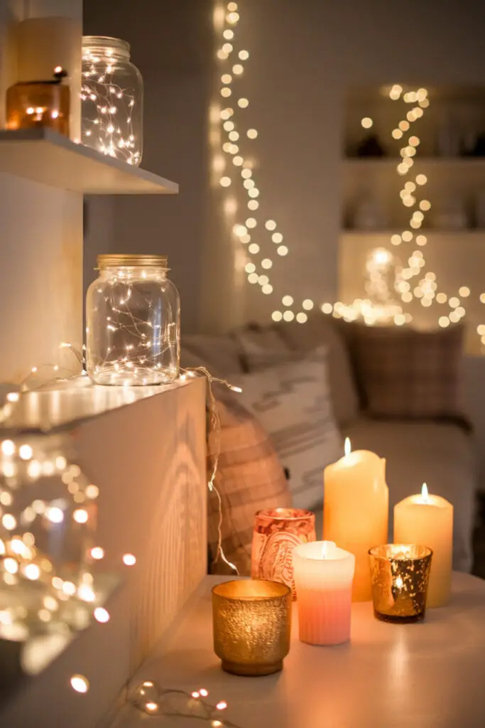 Create a soft glow with candles and fairy lights